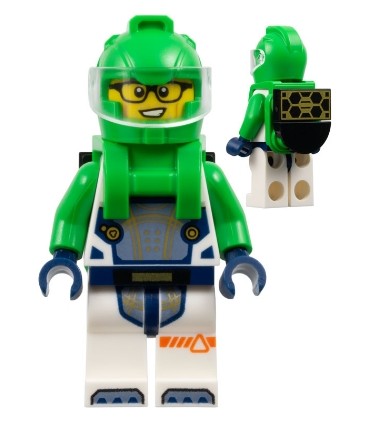 Astronaut - Male, W. Spacesuit B. Green Arms, Bright Green Helmet, Trans-Clear Visor, Bright Green Harness Solar Panel, Glasses
