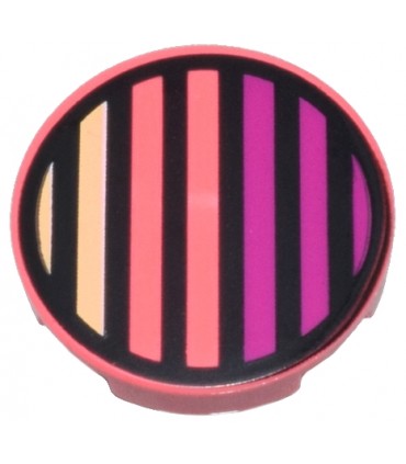 Coral Tile, Round 2 x 2 with Bottom Stud Holder with Black Circle and Bright Light Yellow and Magenta Stripes Pattern