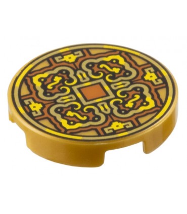 Pearl Gold Tile, Round 2 x 2 with Gold and Yellow 4 Petal Flower Design and Square on Dark Orange Background Pattern