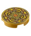 Pearl Gold Tile, Round 2 x 2 with Gold and Yellow 4 Petal Flower Design and Square on Dark Orange Background Pattern