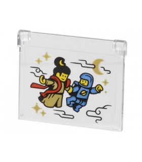 Trans-Clear Glass Window 1 x 4 x 3 - Gold Sparkles, Chang'e Moon Goddess with Red Scarf and Classic Space Minifigures (Sticker)