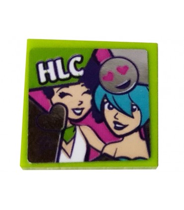 Lime Tile 2 x 2 with 'HLC', Heart, Smiling Emoticon and 2 Friends Minifigures Pattern (Sticker) - Set 41391