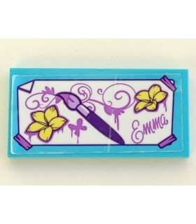 Medium Azure Tile 2 x 4 with Dark Purple Paint Brush, Bright Light Yellow Flowers, Medium Lavender Script Emma (Sticker)