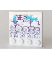 White Tile, Modified 4 x 4 with Studs on Edge with Drawing of 5 Friends Girls, Clouds, and Building Pattern (Sticker)