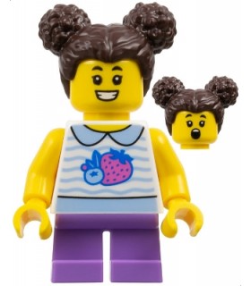 Child - Girl, White Collared Shirt with Fruit, Medium Lavender Short Legs, Dark Brown Hair with Buns