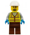 Dock Worker - Male, Neon Yellow Safety Vest with Reflective Stripes, Reddish Brown Legs, White Construction Helmet, Goatee