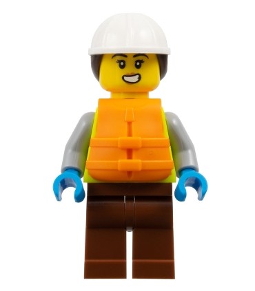 Dock Worker/Female, N. Yellow Safety Vest with Reflective Stripes, Reddish Brown Legs, White  Helmet w/ Dark Brown Ponytail