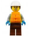Dock Worker/Female, N. Yellow Safety Vest with Reflective Stripes, Reddish Brown Legs, White  Helmet w/ Dark Brown Ponytail