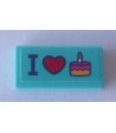 Medium Azure Tile 1 x 2 with 'I' Heart and Cake Pattern (Sticker) - Set 41310