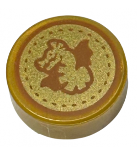 Pearl Gold Tile, Round 1 x 1 with Dark Orange Dragon and Dotted Circle on Gold Background Pattern (HP Unum Galleon)