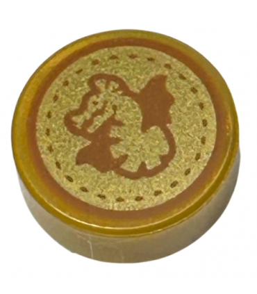Pearl Gold Tile, Round 1 x 1 with Dark Orange Dragon and Dotted Circle on Gold Background Pattern (HP Unum Galleon)