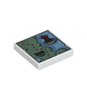 White Tile 2 x 2 Map of Coastline-Sand Green Land, Erupting Volcano on Island, Black Red Panda Head Pattern