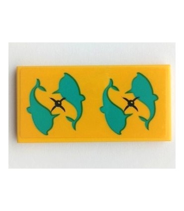 Yellow Tile 2 x 4 with Cushion, Dark Turquoise Dolphins, Dark Blue Buttons Pattern (Sticker)