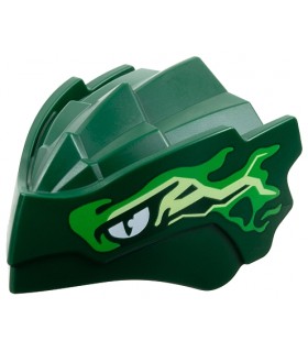 Dark Green Dragon Head (Ninjago) with Stepped Top and Pin Hole on Back with White Eyes, Bright Green and Yellowish Green Pattern