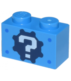 Dark Azure Brick 1 x 2 with White Question Mark on Dark Blue Gear and Blue Dots Pattern