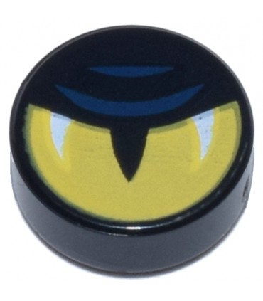 Black Tile, Round 1 x 1 with Yellow Eye Half Closed, Slit Pupil, White Glints, and Dark Blue Eyelid Lines Pattern