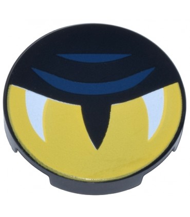 Tile, Round 2 x 2 Bottom Stud Holder with Yellow Eye Half Closed, Slit Pupil, White Glints, and Dark Blue Eyelid Lines Pattern