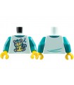 Light Aqua Torso Pajama, Sleeping Cat with Bright Light Yellow Pillow, Dark Blue Pattern / Dark Turquoise Arms- Yellow Hands