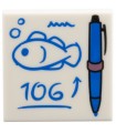 White Tile 2 x 2 with Blue Pen with Metallic Pink Ring, Written Fish, Arrow, and '106' Pattern