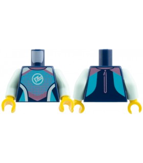 Dark Blue Torso Wetsuit Metallic Pink Strips and Dots, White R Logo, Medium Azure Trim Pattern / Light Aqua Arms / Yellow Hands
