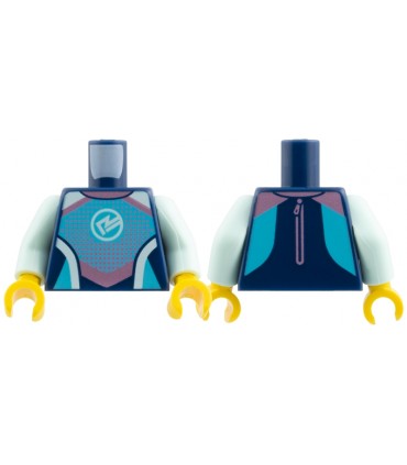 Dark Blue Torso Wetsuit Metallic Pink Strips and Dots, White R Logo, Medium Azure Trim Pattern / Light Aqua Arms / Yellow Hands