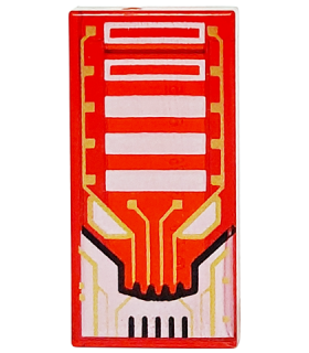Trans-Red Tile 1 x 2 with Alien Robot Face with Gold Circuitry, Black Lines, White Eyes and Rectangles Pattern