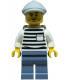 Police - City Jail Prisoner Male, White Shirt with Pocket and Black Stripes, Sand Blue Legs, Light Bluish Gray Flat Cap,Backpack