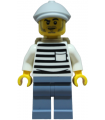 Police - City Jail Prisoner Male, White Shirt with Pocket and Black Stripes, Sand Blue Legs, Light Bluish Gray Flat Cap,Backpack