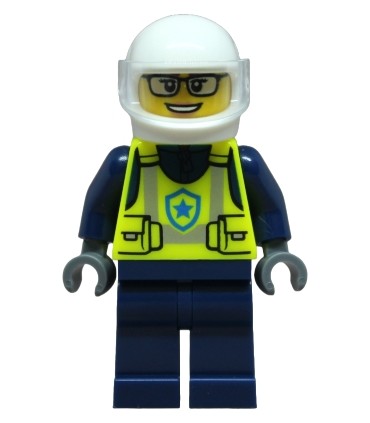 Police - City Officer Female, Neon Yellow Safety Vest, Dark Blue Legs, White Helmet, Trans-Clear Visor