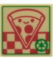 Tan Tile 2 x 2 with Pizza Box with Red Smiling Pepperoni Pizza Slice, Checkered, Green Border and Recycle Symbol Pattern