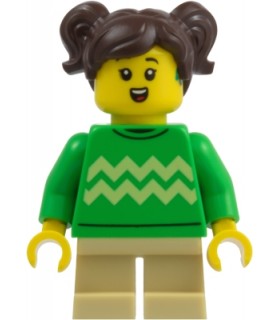 Child - Girl, Bright Green Sweater , Hearing Aid, Tan Short Legs, Dark Brown Hair with Pigtai