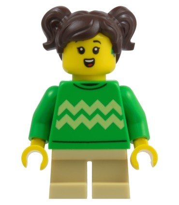 Child - Girl, Bright Green Sweater , Hearing Aid, Tan Short Legs, Dark Brown Hair with Pigtai