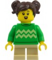 Child - Girl, Bright Green Sweater , Hearing Aid, Tan Short Legs, Dark Brown Hair with Pigtai