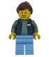Delivery Worker - Female, Dark Blue Bodywarmer over Sand Green Sweater, Bright Light Blue Legs, Reddish Brown Hair, Hearing Aid