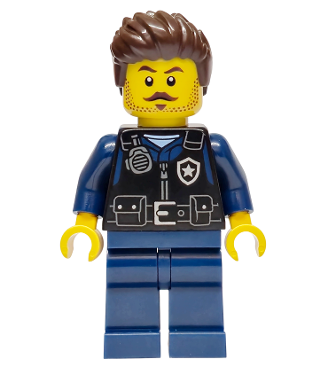 Police - City Officer Male, Black Safety Vest with Silver Star Badge Logo, Dark Blue Legs, Dark Brown Wavy Hair