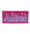 Magenta Tile 2 x 4 with 'Andrea' and Music Notes Pattern
