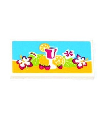 White Tile 2 x 4 with Drink, Fruits and Flowers Pattern (Sticker) - Set 41008