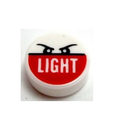 White Tile, Round 1 x 1 with 'LIGHT' on Red Half and Angry Eyes Pattern