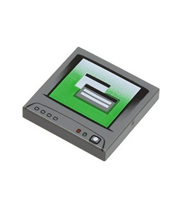 Dark Bluish Gray Tile 2 x 2 with Computer Monitor Pattern 3, with White Power Switch Icon