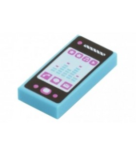 Medium Azure Tile 1 x 2 with Smartphone with Phone, Mail, Speech Bubble, Star, Flower, Note, Play Button and Sound Level Pattern