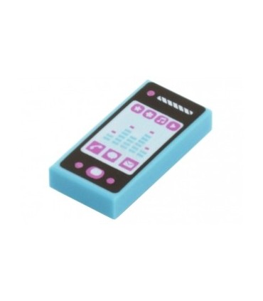 Medium Azure Tile 1 x 2 with Smartphone with Phone, Mail, Speech Bubble, Star, Flower, Note, Play Button and Sound Level Pattern