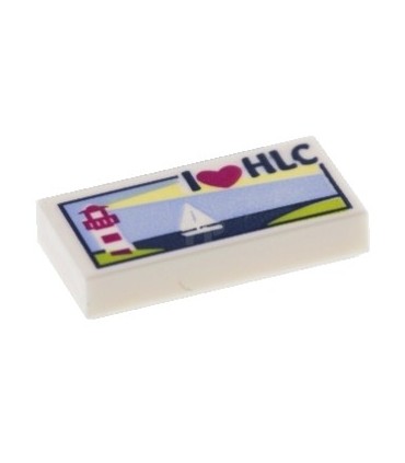 White Tile 1 x 2 with Lighthouse, Sailboat and 'I Heart HLC' Pattern