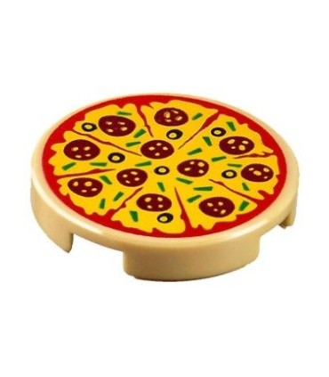 Tan Tile, Round 2 x 2 with Bottom Stud Holder with Pizza Pepperoni and Olive with Slice Marks Pattern