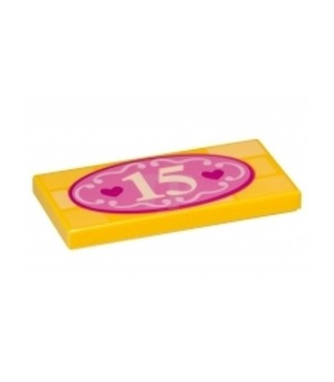 Bright Light Orange Tile 2 x 4 with Number '15' and Dark Pink Hearts in Oval Pattern