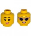 Yellow Minifig, Head Dual Sided Female Black Eyebrows, Pink Lips, Eyelashes / Sunglasses with Purple Frames - Stud Recessed