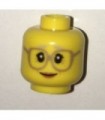 Yellow Minifig, Head Female Glasses Dark Tan, Gray Eyebrows, Crow's Feet, Peach Lips Pattern - Stud Recessed