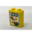 Yellow Brick 1 x 2 x 2 with Inside Stud Holder with 'MENU', '2', '3', Pizza Slice and Salad Pattern (Sticker) - Set 60150