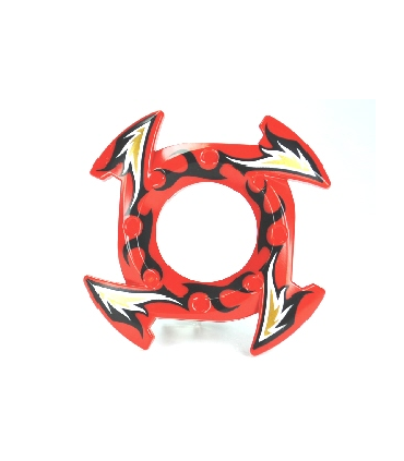 Red Ring 4 x 4 with 2 x 2 Hole and 4 Arrow Ends with Black, Gold and White Flames Pattern (Ninjago Spinner Crown)