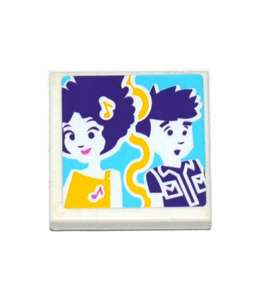White Tile 2 x 2 with Friends Worried Male, Smiling Female and Music Notes Pattern (Sticker) - Set 41130