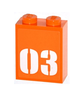 Orange Brick 1 x 2 x 2 with Inside Stud Holder with White '03' on Orange Background Pattern (Sticker) - Set 60035